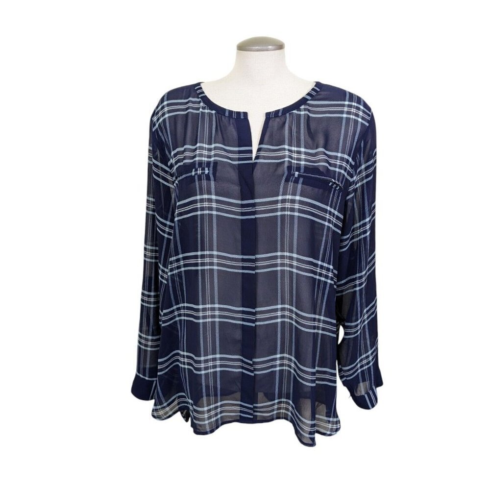 Womens Sheer Tunic Top Plus Size 22 Navy Blue Plaid Roll Tab Sleeves Split Neck